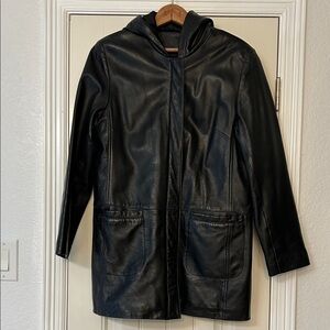 Neiman Marcus Black Leather Coat with Zip Front. Size L